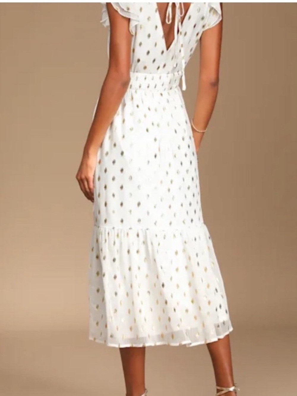 Lulus White Gold Polka Dot Midi Dress Ruffle Sleeve Tie Back Spring Summer M - Picture 2 of 11